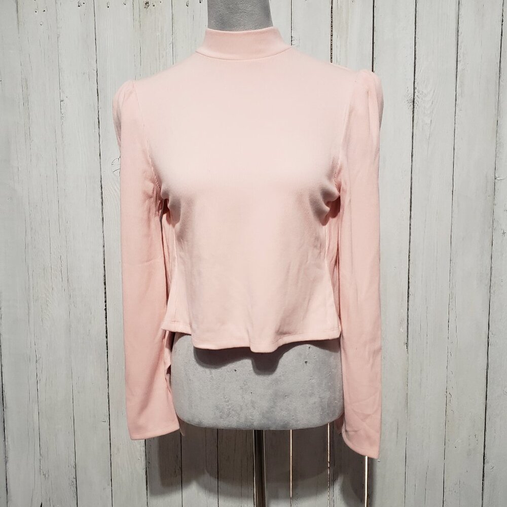 NEW Francesca's M Mi Ami Top Pink Mock Neck Cutout Open Tie Back Ribbed Juniors